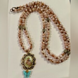 Vintage necklace: 18thC-Look Porcelain Couple, butterly, copper, peach, crystals